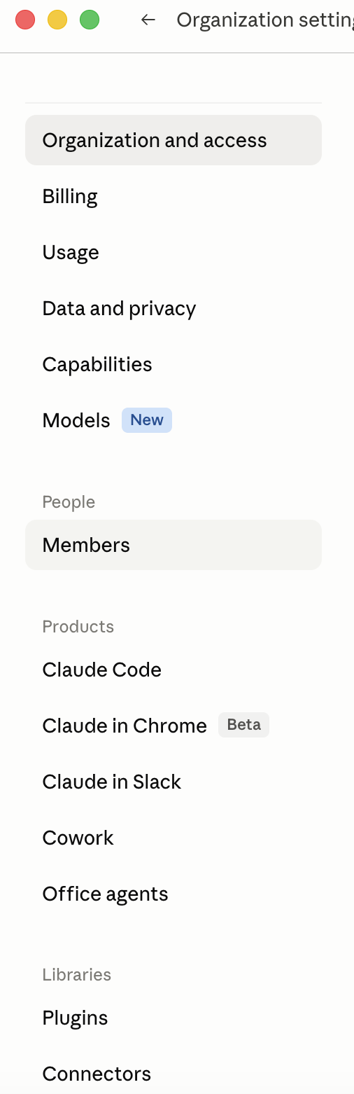 Claude for Teams settings sidebar
