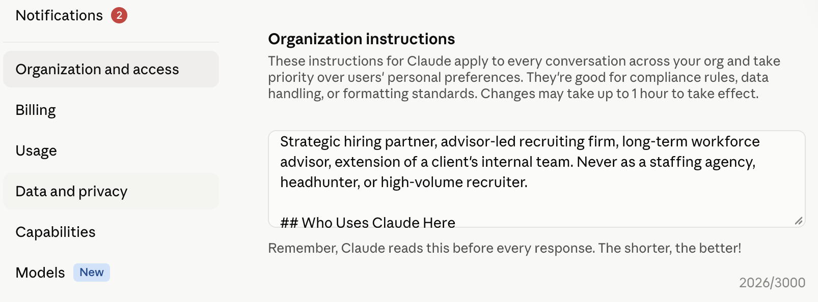 Organization Instructions settings screen
